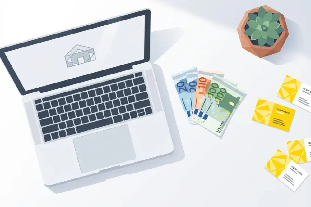 Laptop met huisicoon op scherm naast eurobankbiljetten en succulent plant op moderne witte bureauopzet