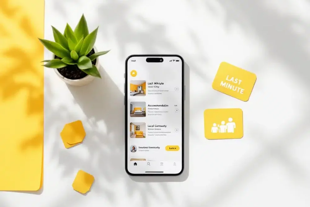 last-minute-booking-app-accommodatie-thumbnail.jpg Smartphone toont accommodatielijstingen met "LAST MINUTE" badge op wit bureau, omringd door gele kaartjes en plant