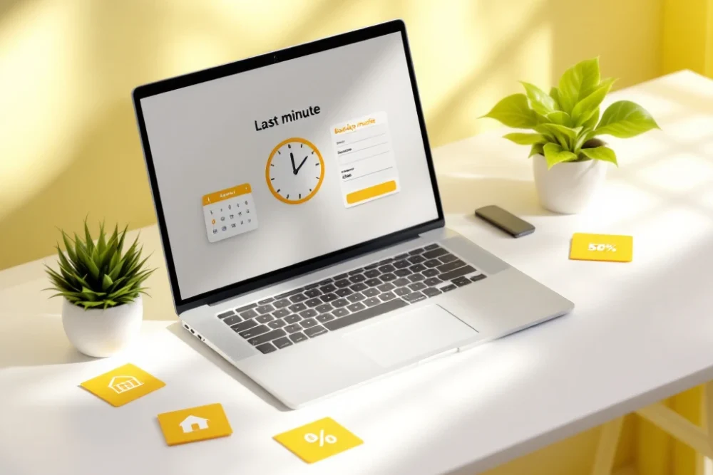 last-minute-boeken-laptop-klok-interface.jpg Laptop met boekingsinterface en klokpictogram op wit bureau, gele accenten benadrukken urgentie van last-minute reserveren