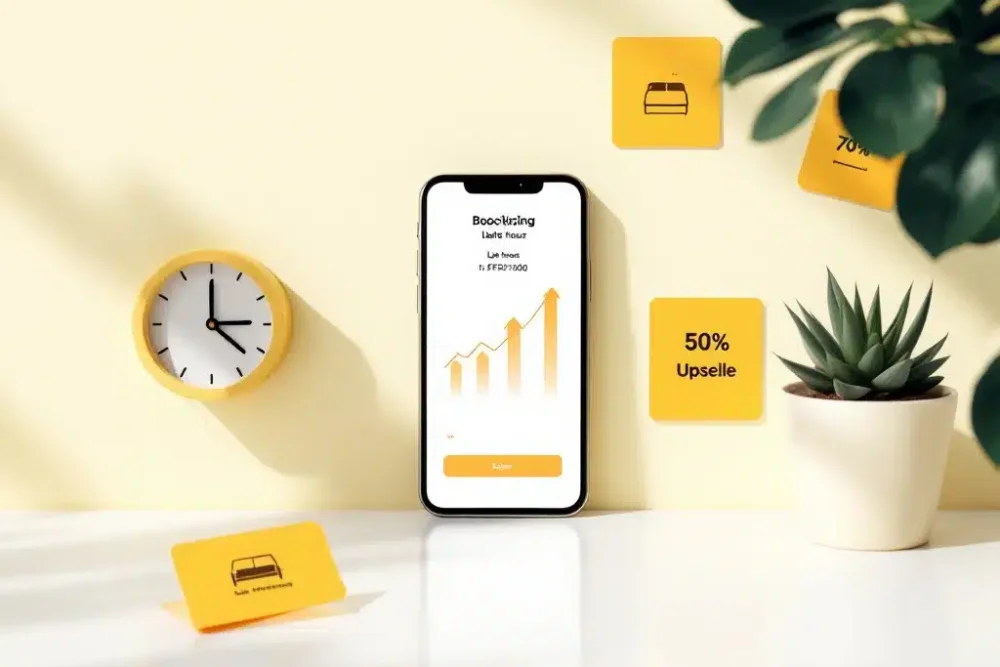 last-minute-hotel-booking-upsell-strategie.jpg Smartphone met boekingsinterface en stijgende pijlen op wit bureau, omringd door gele kaarten met hotel-iconen