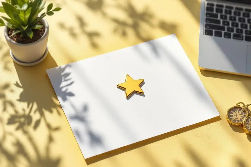 premium-accommodatie-luxe-huis-illustratie.jpg Premium huispictogram met gouden ster op wit papier op modern bureau met laptop en plant, luxe accommodatie thema