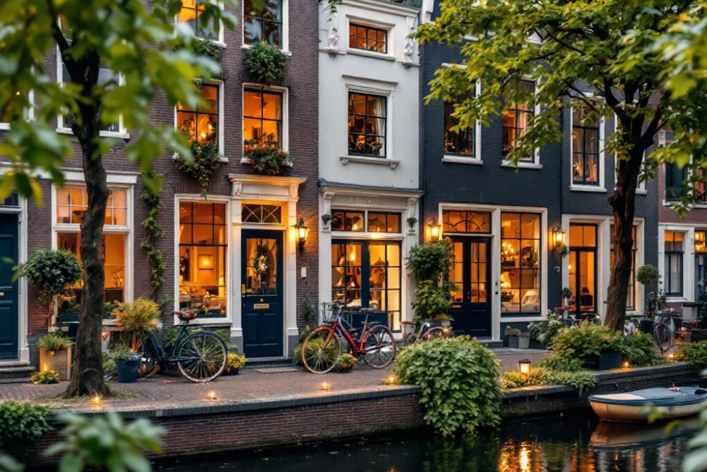 Luxe Airbnb in Nederland aan pittoreske gracht, met moderne architectuur, grote ramen, fietsen en serene sfeer. Gezellig en stijlvol. Luxe Airbnb aan een Nederlandse gracht, met moderne architectuur, grote ramen, groen, fietsen en een warme, uitnodigende sfeer.