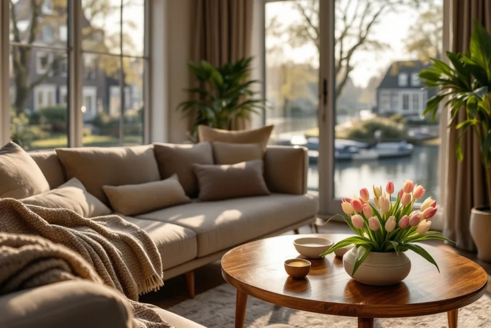 Luxe Airbnb aan een Nederlandse gracht met licht interieur, elegante meubels, tulpen op tafel en een uitnodigende zithoek. Luxe Airbnb in Nederland met licht interieur, elegante meubels, tulpenboeket, en gezellige zithoek bij een rustige gracht.