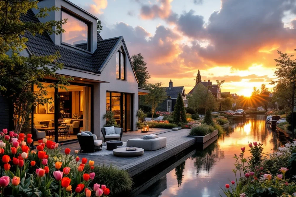 Luxueuze Airbnb in Nederland: Modern huis met grote ramen, omgeven door tulpen en groen, met een kanaal en zonsondergang op de achtergrond. Een moderne vakantiewoning in Nederland, omgeven door groen en tulpen, met een kanaal bij zonsondergang, straalt luxe en comfort uit.