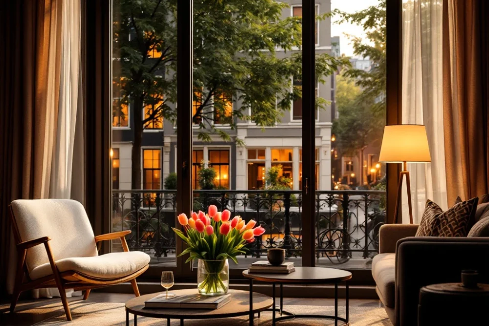 Een luxe Airbnb Plus in Amsterdam toont een elegant herenhuis met bloemen, moderne inrichting en zonlicht, straalt comfort en charme uit. Een luxe Airbnb Plus in Amsterdam: klassiek grachtenpand met grote ramen, stijlvol interieur en tulpen, straalt comfort en elegantie uit.