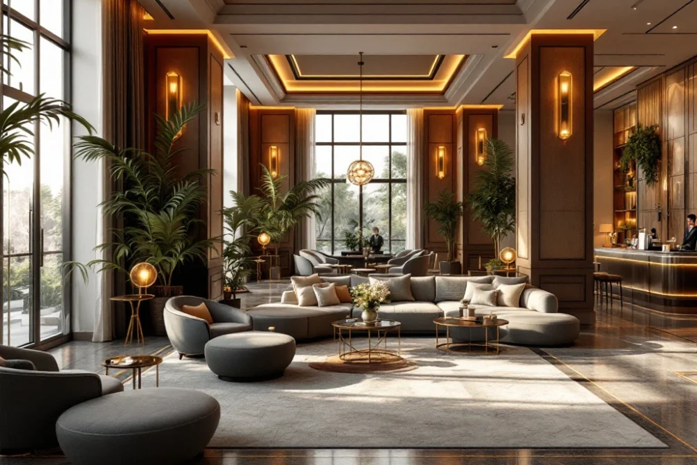 Luxe hotel lobby met moderne zitplaatsen, warme verlichting, veel groen en grote ramen. Conciergebalie en reisbrochures benadrukken gastvrijheid. Elegante hotel lobby met modern design, luxe zitplaatsen, groen, grote ramen en een conciërgebalie, straalt comfort en exclusiviteit uit.