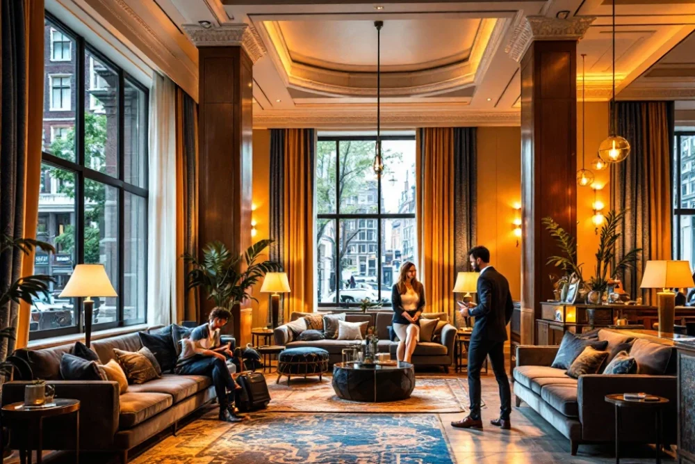 Een luxe hotel lobby in Amsterdam met warme verlichting, eigentijdse Nederlandse ontwerpen en rijke kleuren, weerspiegelt gastvrijheid. Een elegante hotel lobby in Amsterdam met luxe zitplaatsen, warme verlichting en moderne Nederlandse elementen, met zicht op de stad.