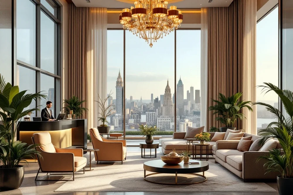 Luxe hotel lobby met kroonluchter, moderne meubels, conciƫrge, grote ramen met stadszicht, en stijlvolle groene accenten. Luxe hotel lobby met kroonluchter, moderne meubels, vriendelijk personeel, grote ramen met uitzicht en groene accenten.
