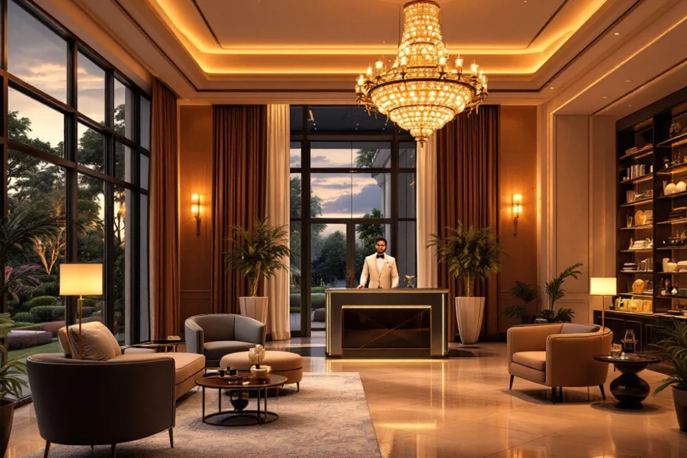 Luxe hotel lobby met warme verlichting, moderne meubels, tuinzicht en een attente conciƫrge bij de receptie. Elegantie en comfort. Luxe hotel lobby met warme verlichting, stijlvolle meubels, een grote kroonluchter en een conciƫrge bij de receptie, met uitzicht op een tuin.
