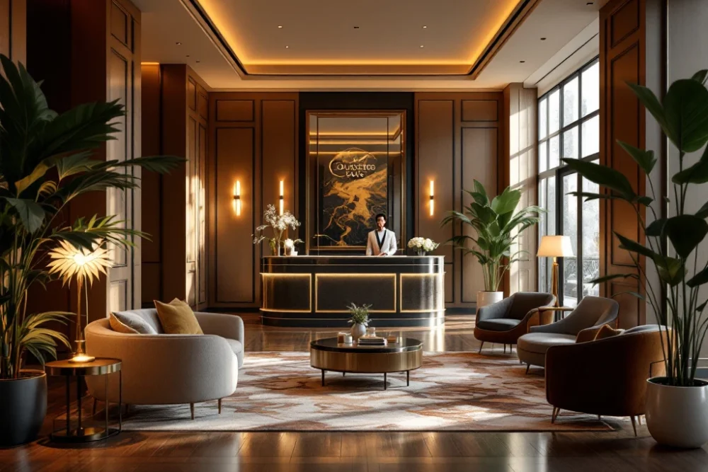 Een luxe hotel lobby met warme verlichting, elegante meubels, een conciërge en groene planten, die comfort en duurzaamheid uitstralen.