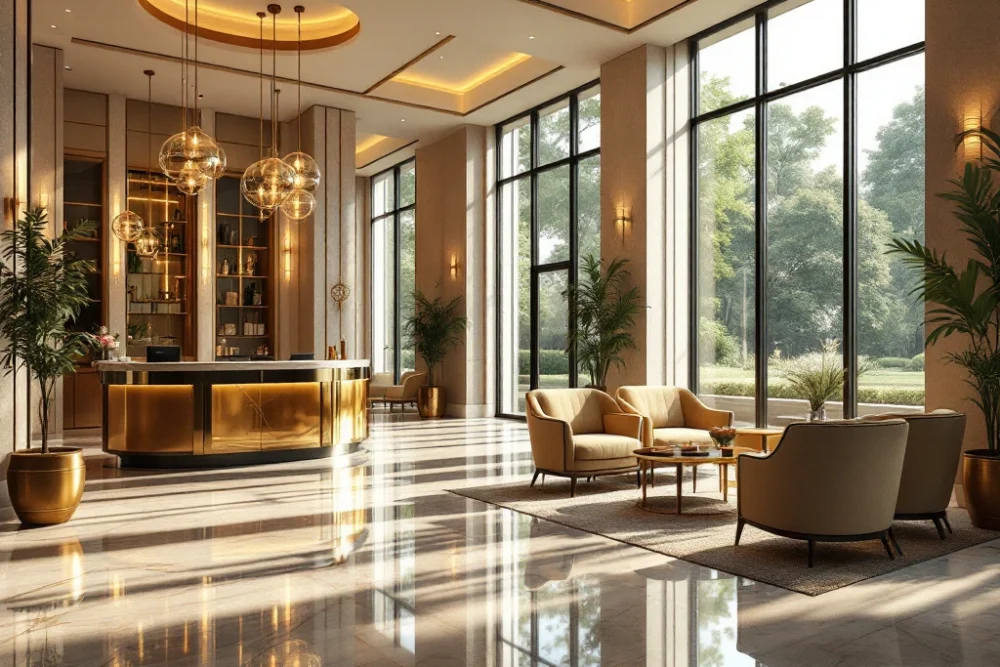 Hotel lobby van BetterStays: luxe sfeer met marmeren vloer, warme verlichting, moderne zitjes, conciërgebalie en uitzicht op groen. Hotel lobby van BetterStays: luxe en comfort met marmeren vloeren, elegante kroonluchters en relaxte zitplekken met uitzicht op groen.