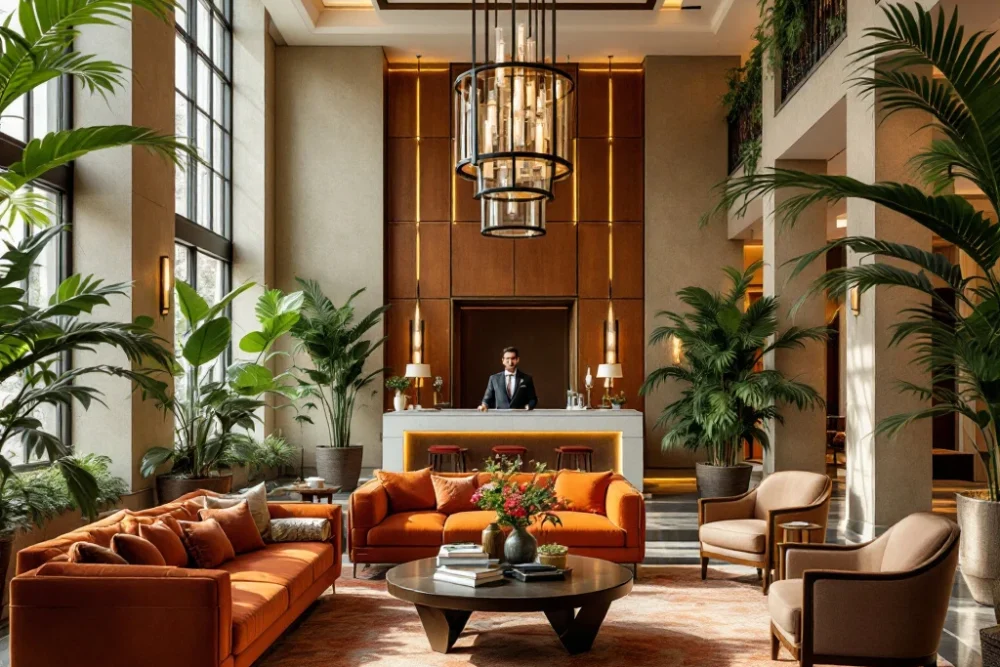 Luxe hotellobby met moderne architectuur, hoge plafonds, warme zitplaatsen, kroonluchter en conciërge; weerspiegelt BetterStays' gastvrijheid.
