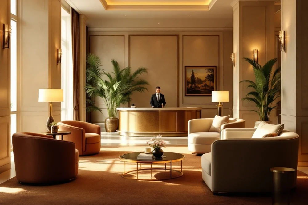 Luxueuze hotellobby met warme verlichting, elegante meubels en een conciërge die een gast helpt, weerspiegelt gastvrijheid en stijl. Luxe hotel lobby met warme verlichting, elegante meubels en een conciërge die een gast helpt, symbool voor gastvrijheid en kwaliteit.