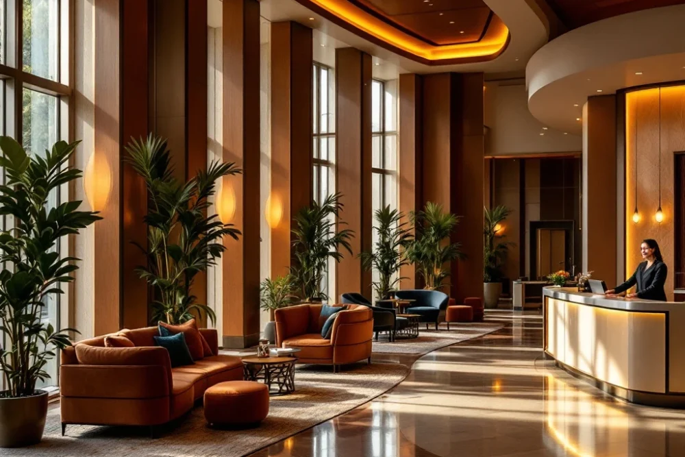 Luxe hotellobby met warme verlichting, moderne en klassieke elementen, comfortabele zitplekken en vriendelijk personeel bij de balie. Een luxe hotel lobby met warme verlichting, moderne en klassieke ontwerpen, comfortabele zitplekken en een vriendelijke receptie.