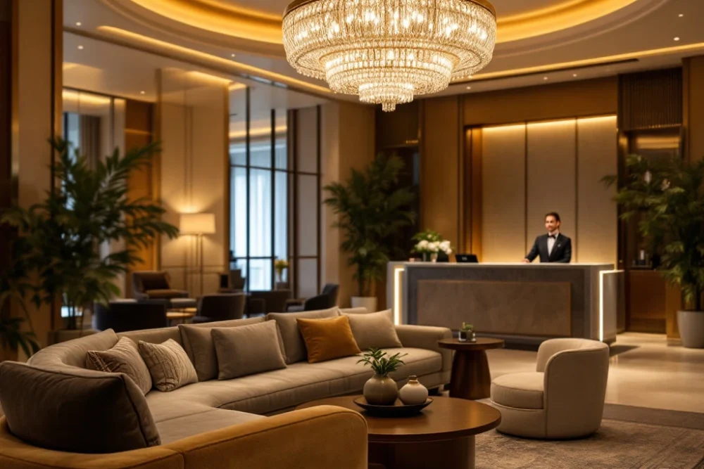 Luxe hotel lobby met warme verlichting, modern meubilair, vriendelijke conciƫrge en elegante kroonluchter; symboliseert premium service. Luxe hotel lobby met warme verlichting, moderne zitplaatsen, receptie, groen en een grote kroonluchter; straalt comfort en stijl uit.