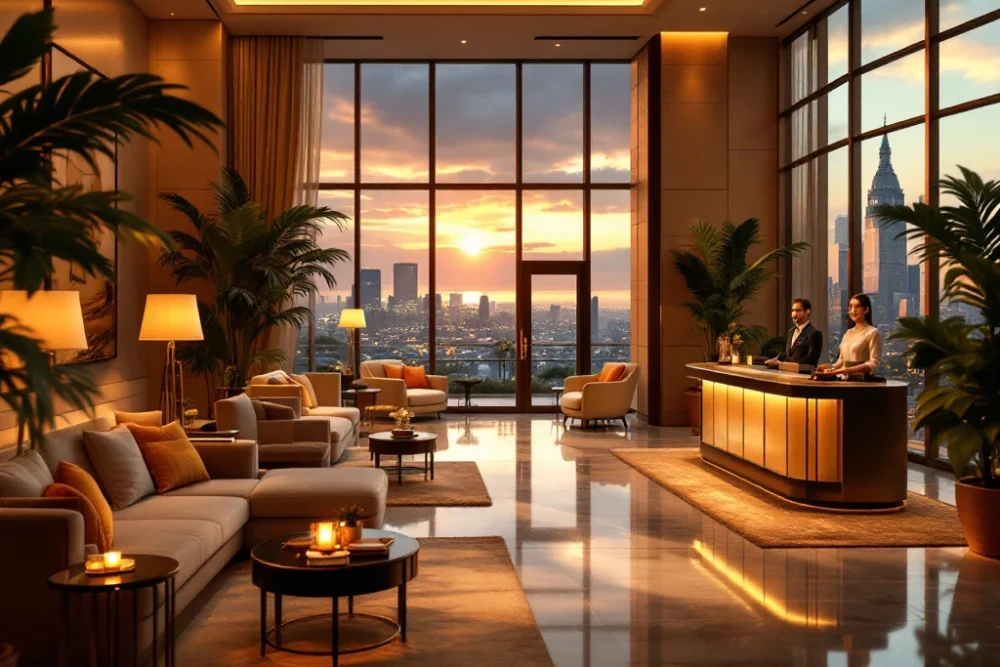 Luxueuze hotel lobby met moderne zitplekken, glimlachende receptionist, kunst, planten en stadszicht. Sfeer van gastvrijheid en succes. Luxe hotel lobby met warme verlichting, moderne zitplaatsen, receptie, groene planten, kunstwerken en uitzicht op de stad.