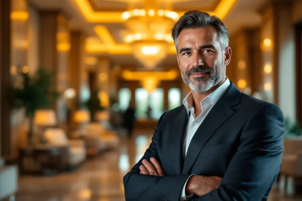Hotelmanager in luxe lobby met warme verlichting, kroonluchter, marmeren vloer en conciërgebalie, belichaamt gastvrijheid en stijl. Hotel lobby met warme verlichting; manager vooraan, grote kroonluchter, marmeren vloer, conciërgebalie en luxe inrichting.