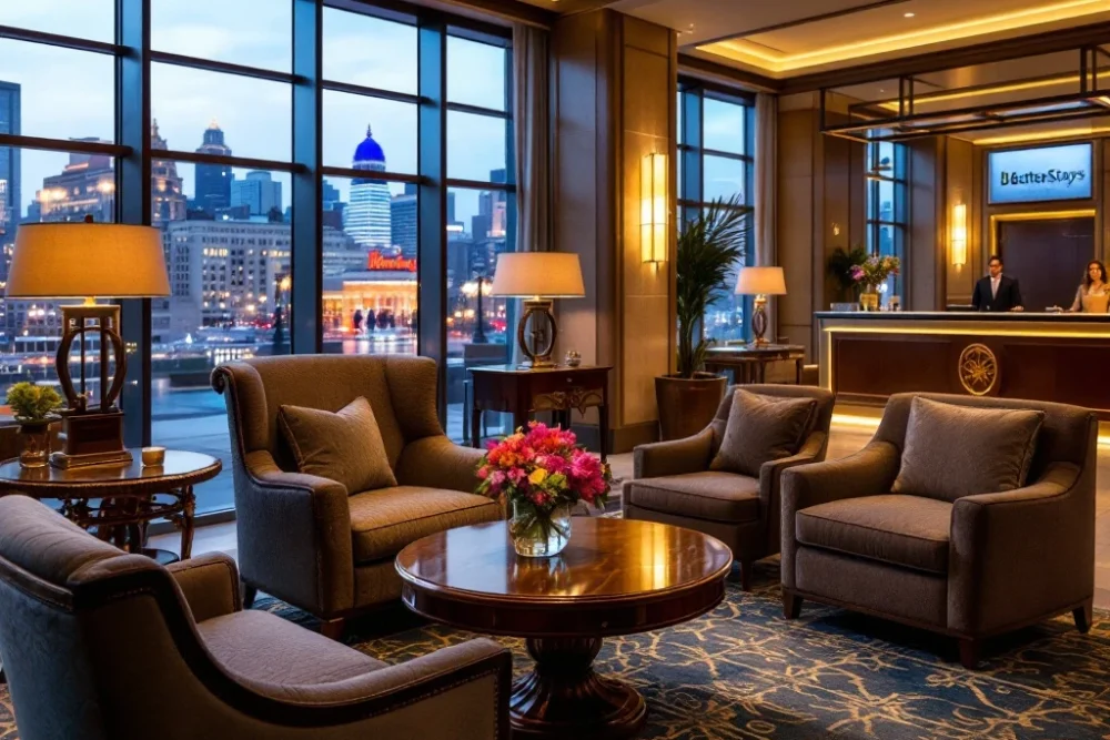 Luxe hotel lobby met warme verlichting, moderne en klassieke elementen, bloemen, en een stad uitzicht, benadrukt stijl en comfort. Hotel lobby met moderne en klassieke elementen, warme verlichting, luxe zitplaatsen, bloemen, grote ramen en conciërgebalie.