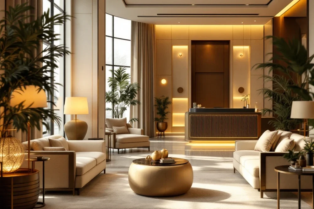 Luxe hotel lobby van BetterStays met moderne inrichting, warme verlichting en receptie, straalt comfort, elegantie en gastvrijheid uit. Een luxe hotellobby met moderne inrichting, warme verlichting en een drukke receptie, die de elegantie en gastvrijheid van BetterStays uitstraalt.
