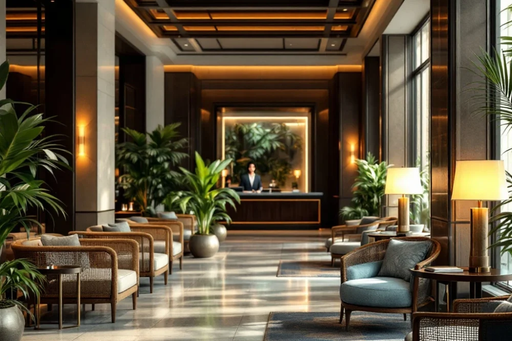 Luxueuze hotellobby met conciërge, comfortabele zitplekken, groen en warme verlichting, weerspiegelt BetterStays' gastvrijheid en duurzaamheid.