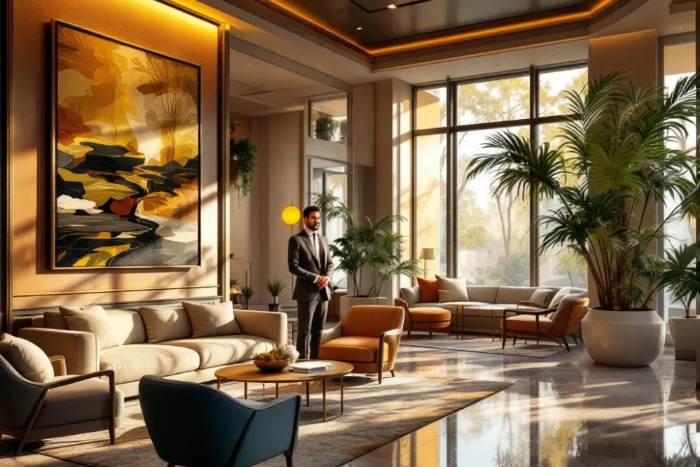 Een luxe hotel lobby met moderne meubels, warme verlichting, kunst, planten en een vriendelijke conciƫrge die gasten verwelkomt. Luxueuze hotellobby met moderne meubels, warme verlichting, natuurlijke elementen en een attente conciƫrge, symbool voor gastvrijheid.