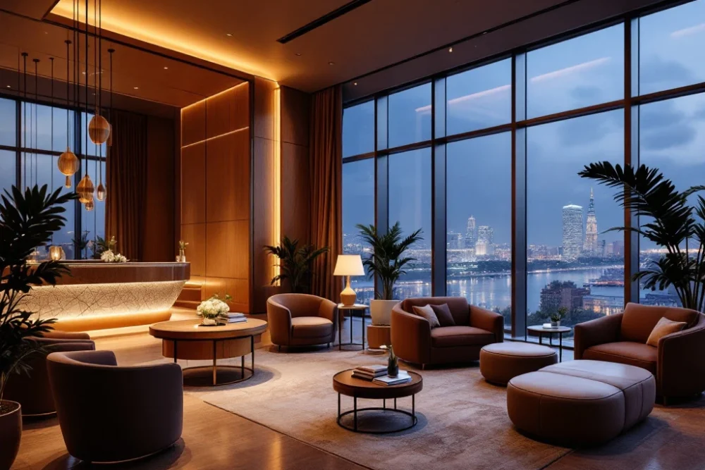 Moderne hotel lobby met warme sfeer, luxe zitplaatsen, conciërgebalie en groot raam met stadszicht, symbool voor BetterStays’ kwaliteit. Luxe hotel lobby met warme sfeer, elegante zitplaatsen en groot raam met uitzicht op stad. Achtergrond toont conciërgebalie.