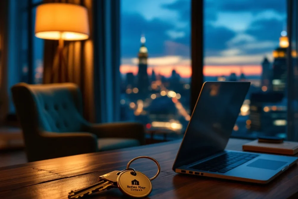 Luxe hotellobby met een fluwelen stoel, stadzicht, laptop op bureau, gouden sleutel en logo, in warme tinten blauw en goud.