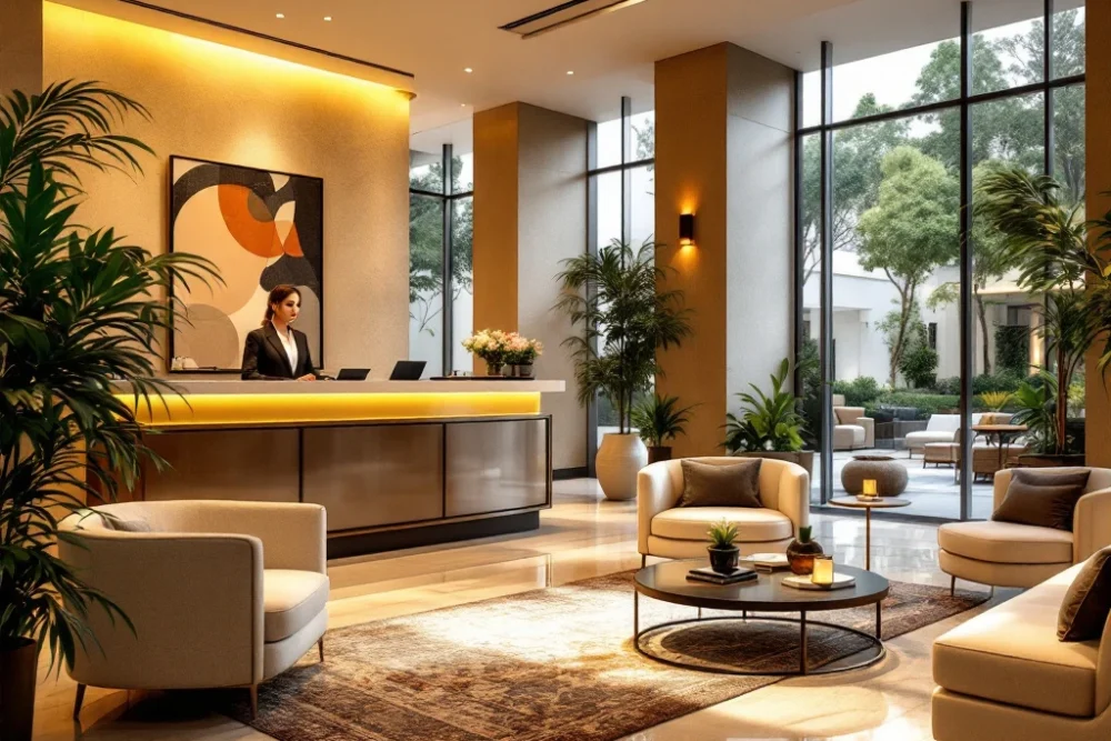 Luxueuze hotellobby met warme verlichting, een conciërgebalie, moderne kunst, bloemen en uitzicht op een serene tuin. Luxe hotel lobby met warme verlichting, conciërge, moderne kunst en tuinzicht. Uitstraling van comfort en eersteklas service.