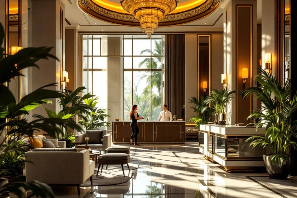 Luxe hotel lobby met moderne meubels, groene planten, marmeren vloeren, kroonluchter en een vriendelijke conciërge bij BetterStays. Luxe hotellobby met moderne meubels, groen en kroonluchter. Concierge helpt gasten, benadrukt comfort en duurzaamheid.