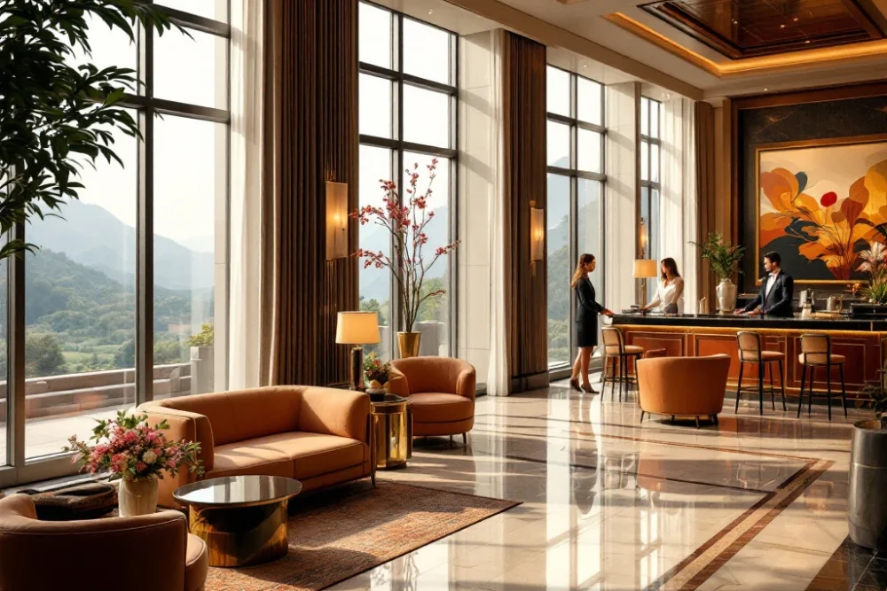 Luxe hotel lobby met comfortabele zitplekken, marmeren vloeren, vriendelijke conciërge en grote ramen met uitzicht op groene landschappen. Een luxe hotel lobby met comfortabele zitplekken, marmeren vloeren, een behulpzame conciërge en uitzicht op groene landschappen.