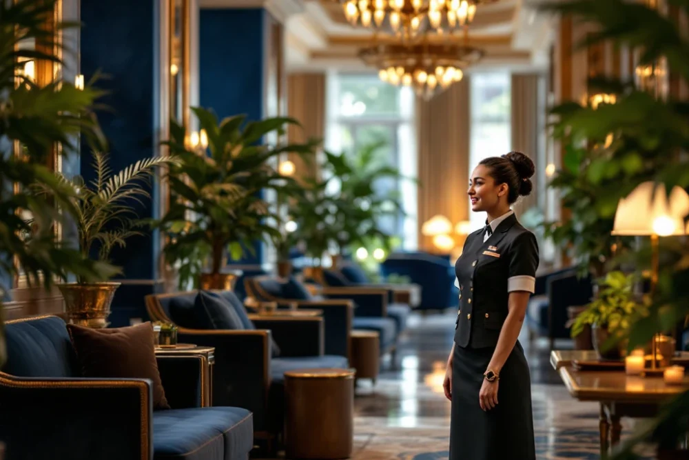 Een luxe hotellobby met elegante inrichting, warme verlichting, groene planten, en een medewerker die vriendelijk met een gast praat. Elegante hotel lobby met warme verlichting, luxe zitplekken, groen decor en attente medewerker die gast vriendelijk helpt.
