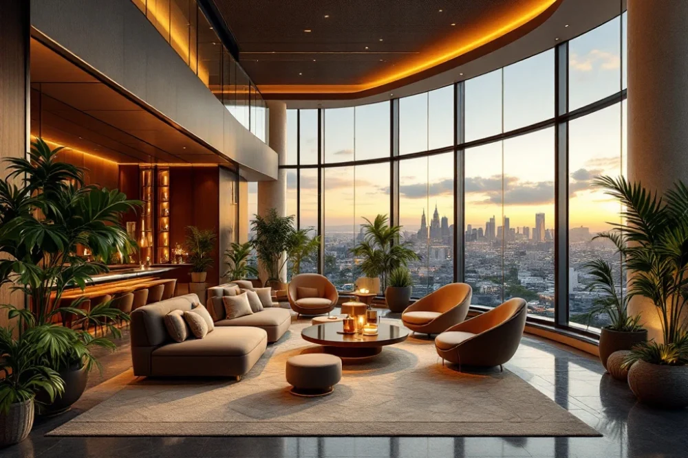 Luxe hotel lobby met warme verlichting, moderne inrichting, grote ramen met stadszicht, planten en houten accenten voor duurzaamheid. Een luxe hotel lobby met warme verlichting, moderne inrichting, grote ramen met stadsuitzicht, planten en houten accenten.