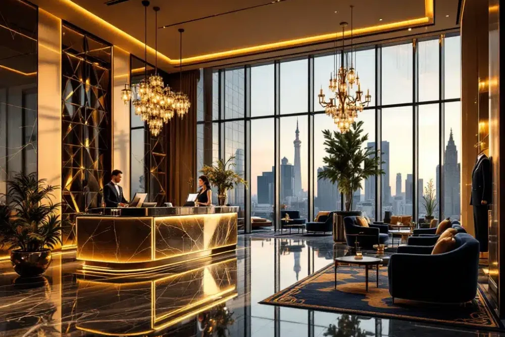 luxe-hotel-lobby-marmeren-receptie-gouden-accenten.jpg Luxe hotellobby met marmeren receptiebalie, kristallen kroonluchters en gouden accenten bij zonsondergang