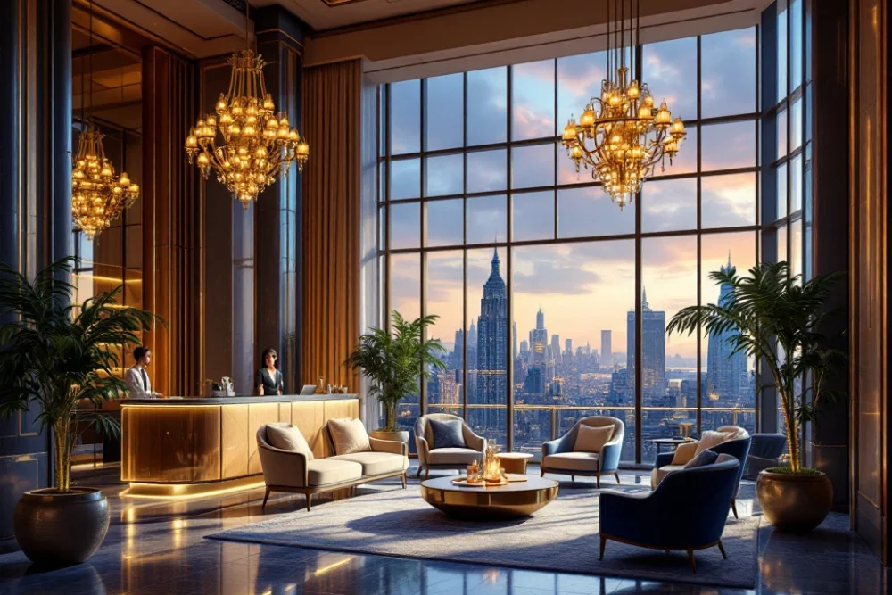 Luxe hotel lobby met hoge plafonds, gouden en blauwe kleuren, moderne meubels, grote ramen, kroonluchters en vriendelijk personeel.