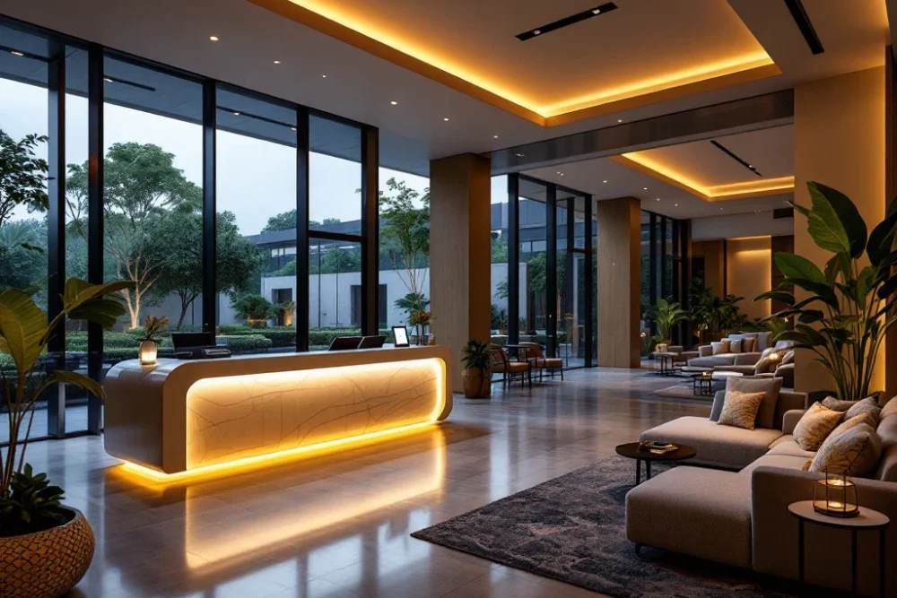 Moderne hotel lobby met minimalistisch design, digitale receptieschermen, comfortabele zitplaatsen en uitzicht op een serene tuin. Een moderne hotel lobby met strakke meubels, digitale receptie, warme verlichting en uitzicht op een serene tuin.