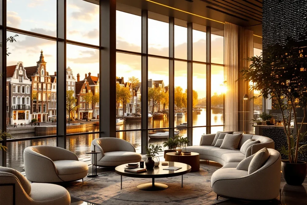 Een luxe hotel lobby in Nederland met chique zitplaatsen, grote ramen met uitzicht op grachtenpanden en een futuristische digitale interface. Een moderne hotel lobby in Nederland met luxe inrichting en uitzicht op een stadsgezicht met grachtenpanden in warm zonlicht.