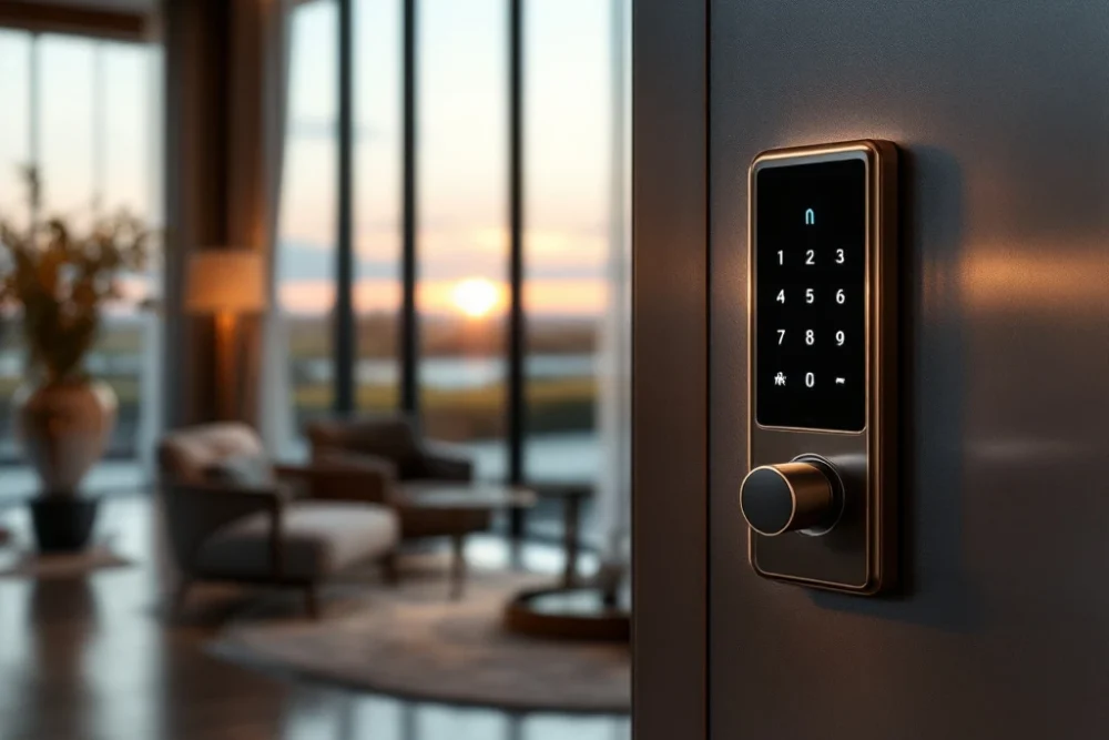 Luxe hotel lobby in Nederland met modern design, elegant meubilair, een touchpad voor keyless entry en uitzicht op het Nederlandse landschap. Een luxe hotel lobby in Nederland met modern design, elegant meubilair, een touchpad voor sleutelvrije toegang en uitzicht op het landschap.