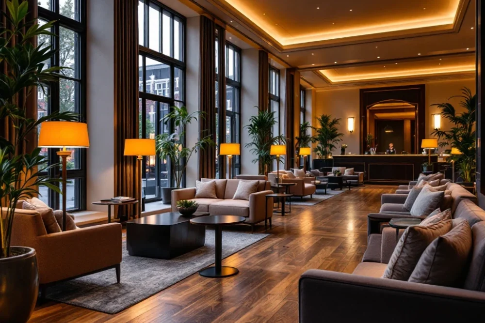 Luxueuze hotel lobby in Nederland met warme verlichting, moderne inrichting, grote ramen, planten en zichtbare receptie van BetterStays. Luxe hotel lobby in Nederland met warme verlichting, modern design, comfortabele zitplekken en subtiele groene accenten.