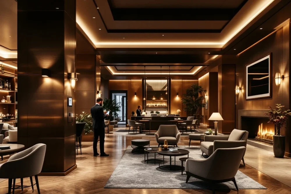 Een luxe hotel lobby in Nederland met modern design, warme verlichting, houten accenten en smartphone-systeem voor kamerinvoer.