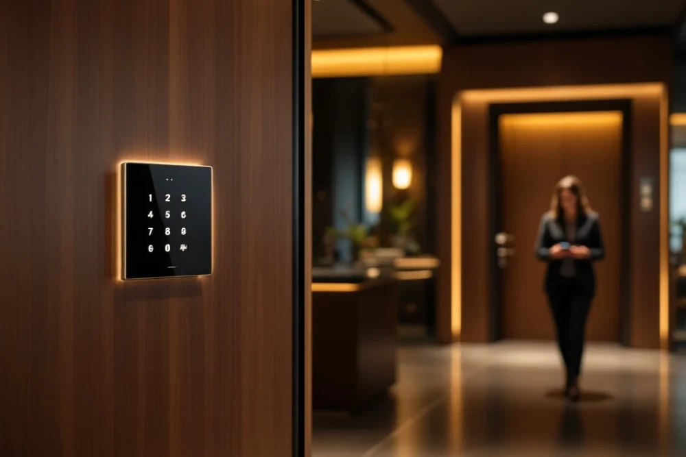 Luxueuze hotel lobby in Nederland met modern ontwerp, zachte verlichting, keyless toegang en gast met smart device bij deur. Een moderne hotel lobby in Nederland met sfeerverlichting, een stijlvol touchpad voor sleutelvrije toegang en een gast met een smart device.