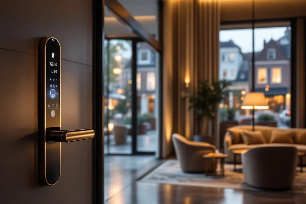 Luxe hotel lobby in Nederland met modern keyless entry systeem, warme verlichting en stijlvolle inrichting met goudaccenten. Een moderne hotel lobby in Nederland met een sleutelvrij toegangssysteem, warme verlichting, luxe meubels en een uitzicht op een Nederlandse straat.