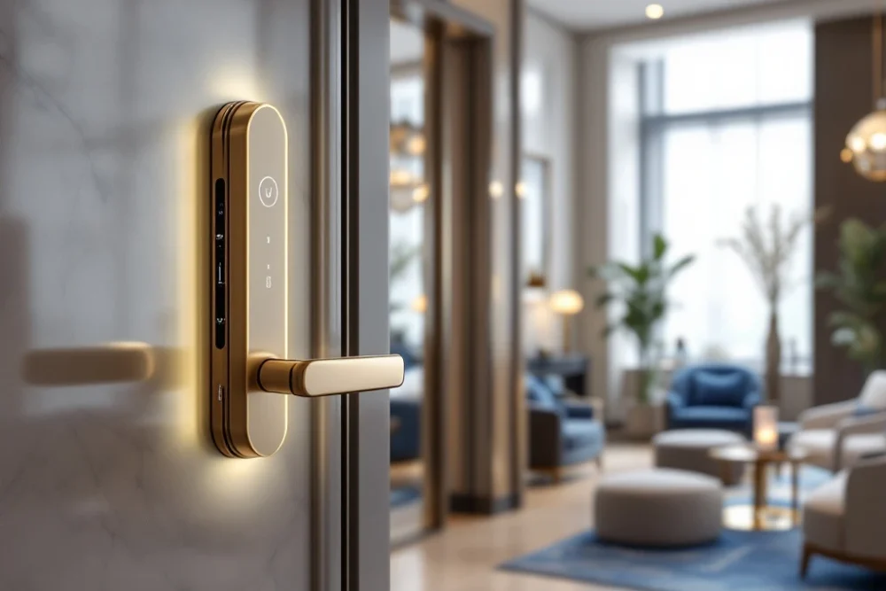 Moderne hotel lobby in Nederland met een geavanceerd sleutelloos toegangssysteem, stijlvolle meubels en veel natuurlijk licht.