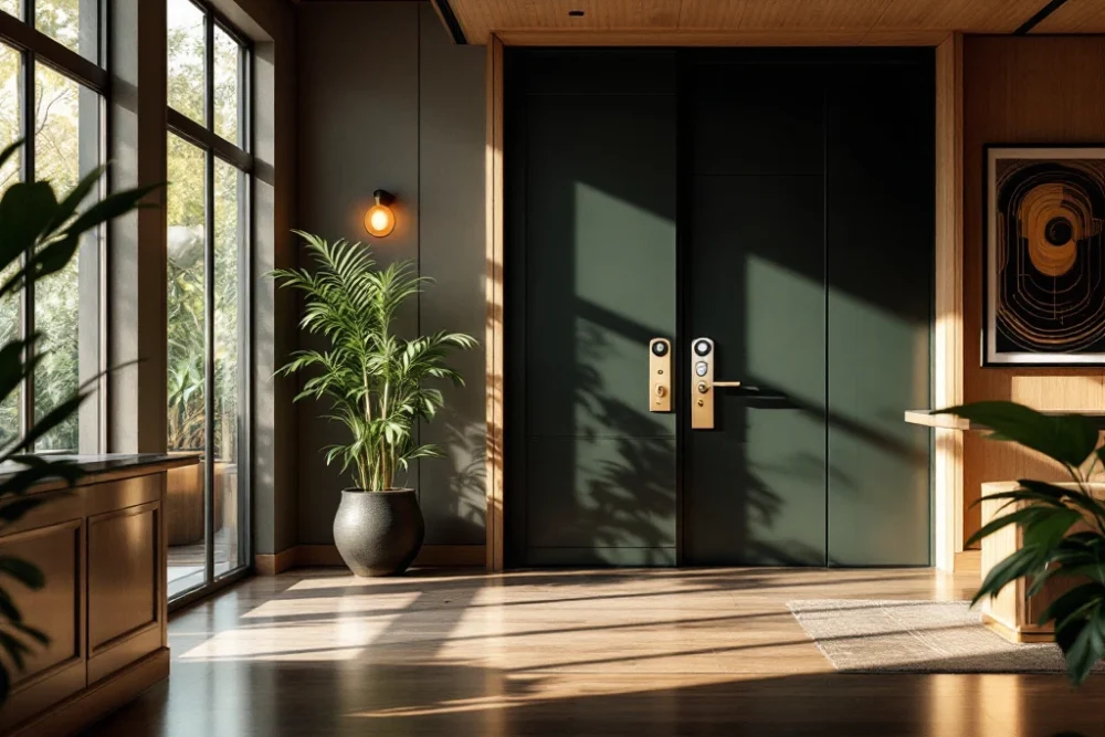 Moderne hotel lobby met keyless entry, warme aardetinten, grote ramen, elegante planten en subtiele kunst, stralend comfort en luxe uit. Een moderne hotelreceptie met keyless entry, houten en glazen elementen, natuurlijke lichtinval, en luxe aardetinten met groene accenten.