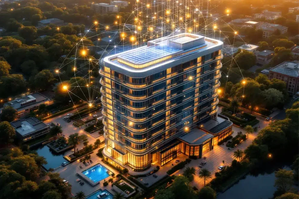 hotel-online-zichtbaarheid-marketing-luchtfoto.jpg Luxe modern hotel bij zonsondergang met digitale netwerklijnen die online zichtbaarheid symboliseren, omgeven door landschap