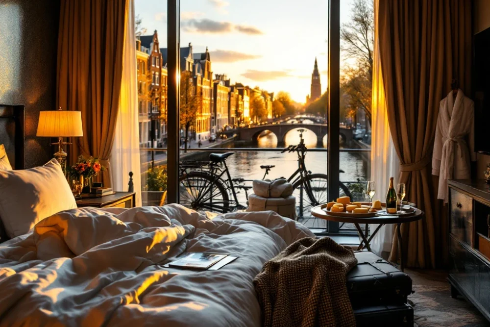 Luxe hotelkamer aan Amsterdamse gracht in avondlicht, met onopgemaakt bed, koffer, champagne, Nederlandse kazen, fiets en uitzicht op historische architectuur.
