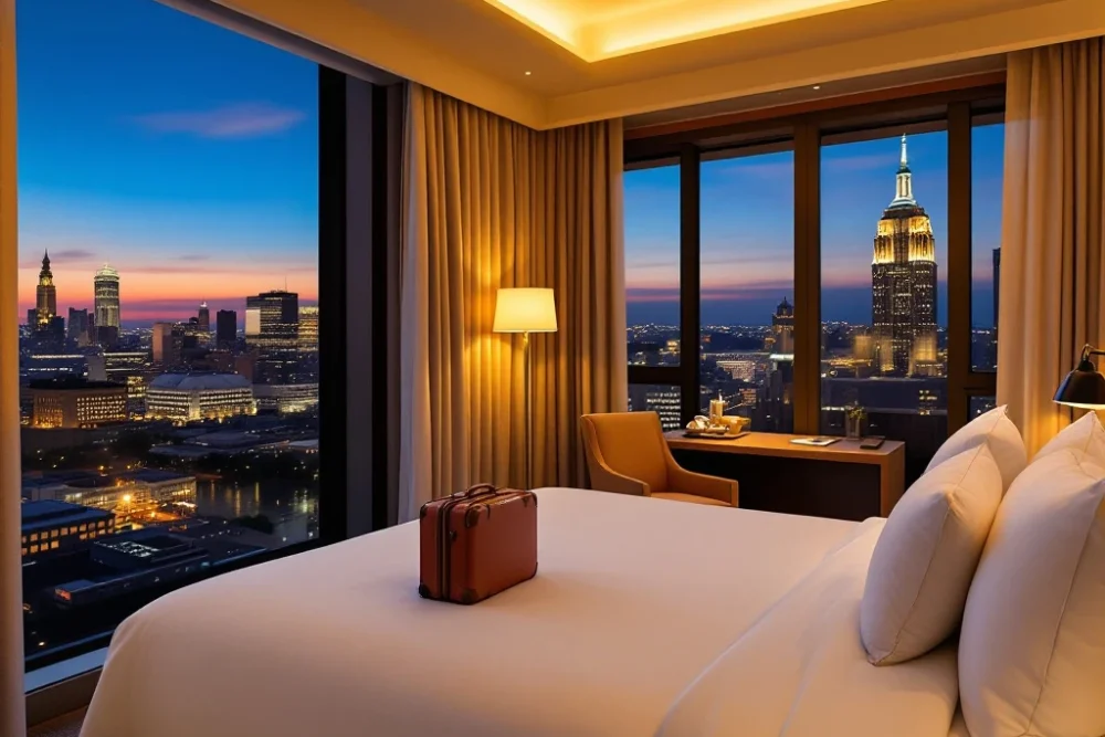 Luxe hotelkamer met kingsize bed, moderne meubels, stadszicht bij schemering, open koffer op bed; sfeer van comfort en stijl.