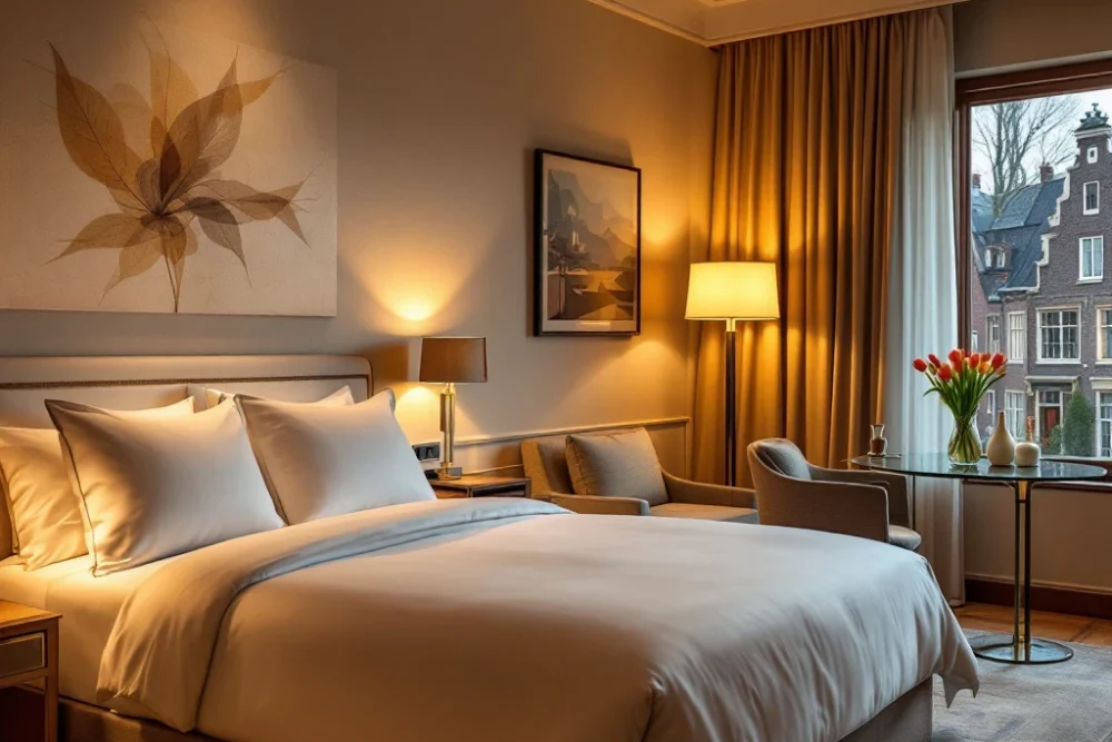 Luxe hotelkamer in Nederland met een kingsize bed, modern kunstwerk, houten meubels, uitzicht op stad en verse tulpen op bureau. Luxe hotelkamer in Nederland met kingsize bed, modern kunstwerk, warm licht en uitzicht op de stad. Frisse tulpen voegen kleur toe.
