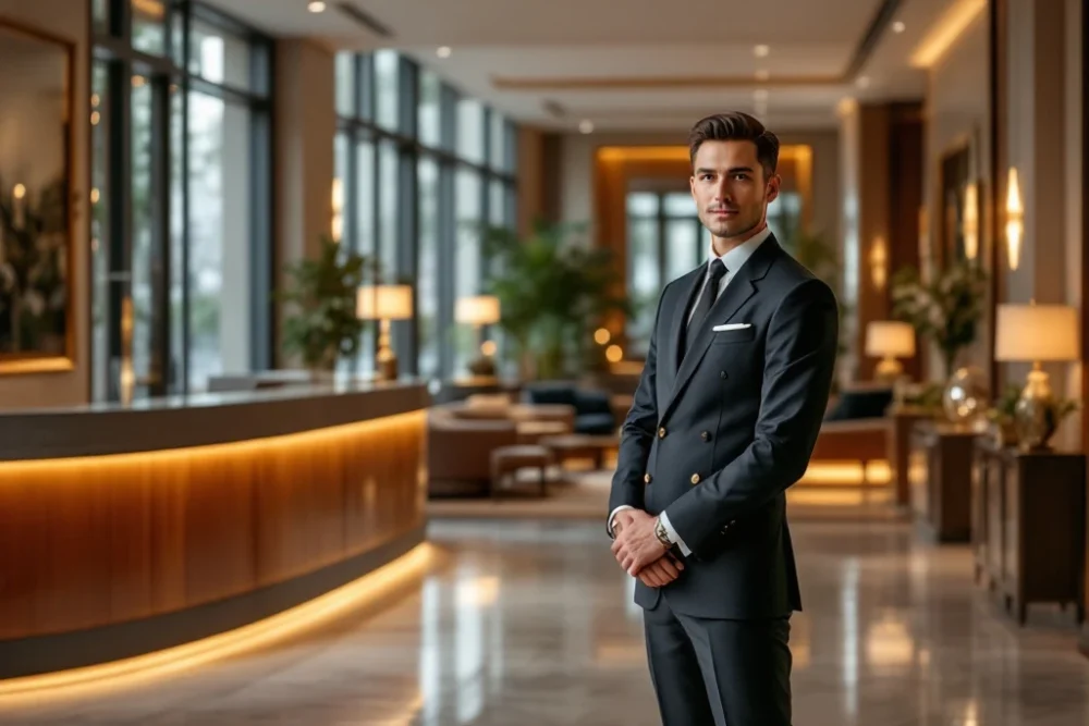 Een luxe hotelreceptie met een stijlvolle conciërge, warme sfeer, aardetinten en gouden accenten, straalt comfort en exclusiviteit uit. Luxe hotelreceptie met stijlvolle conciërge, warme sfeer, rijke aardetinten en goudaccenten, straalt exclusiviteit en comfort uit.
