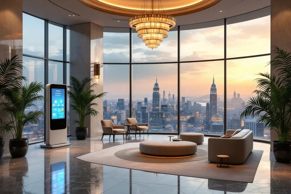 Moderne hotel lobby met marmeren vloeren, luxe zitruimte, digitale kiosk, grote ramen met stadszicht en groene accenten. Moderne hotel lobby met marmeren vloeren, grote kroonluchter, digitale kiosk, groene accenten en uitzicht op de stad van BetterStays.
