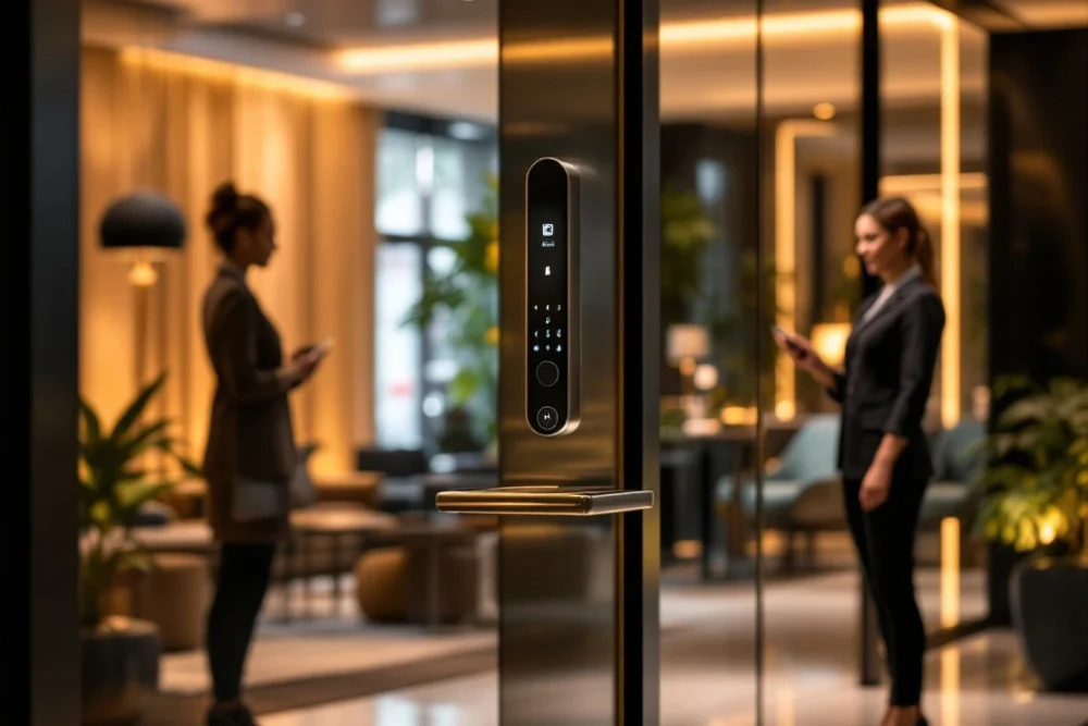Moderne hotel lobby in Nederland met sleutelvrij toegangssysteem, duurzame ontwerpen en gastvrij personeel van BetterStays.